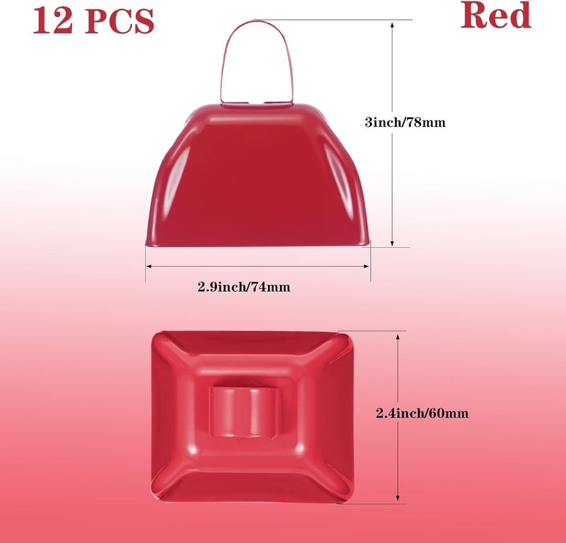 HEYLEAYAR 3Inch Cowbells for Sporting Events,12Pcs Metal Cow Bells Bulk Loud Noise Makers Cow Bell with Handle for Cheering Football Games Spirit Marathon Weddings Party Noisemakers, Red - Image 2